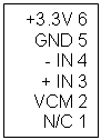 Text Box:   +3.3V 6
GND 5
- IN 4
+ IN 3
VCM 2
N/C 1




